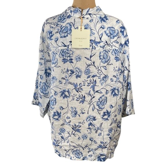 New Cynthia Rowley Floral Tunic Top Blouse Size 1X Linen Blue White - Picture 4 of 8